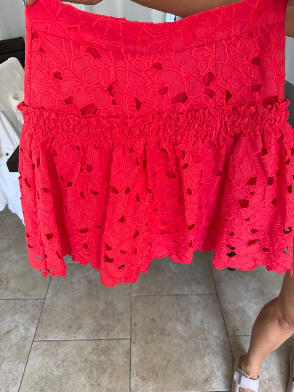 Cara Cara Coral-Pink Lace Tiered Skater Mini Skirt - Picture 1 of 3